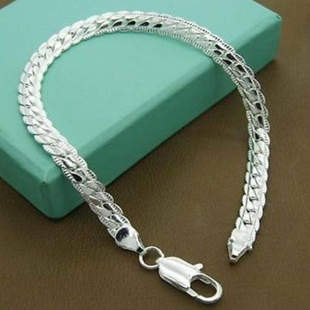 Men's Bracelet Flat Curb Snake Chain Stainless Steel Silver Plated 8.25" 5mm